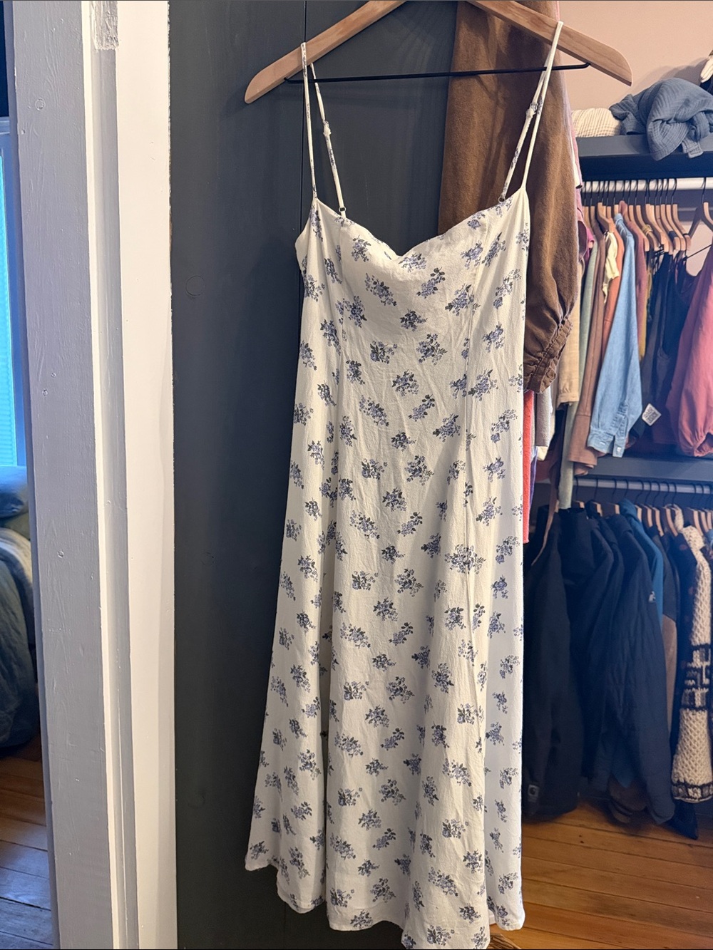 Reformation White Slip Maxi Dress with Blue Floral Print